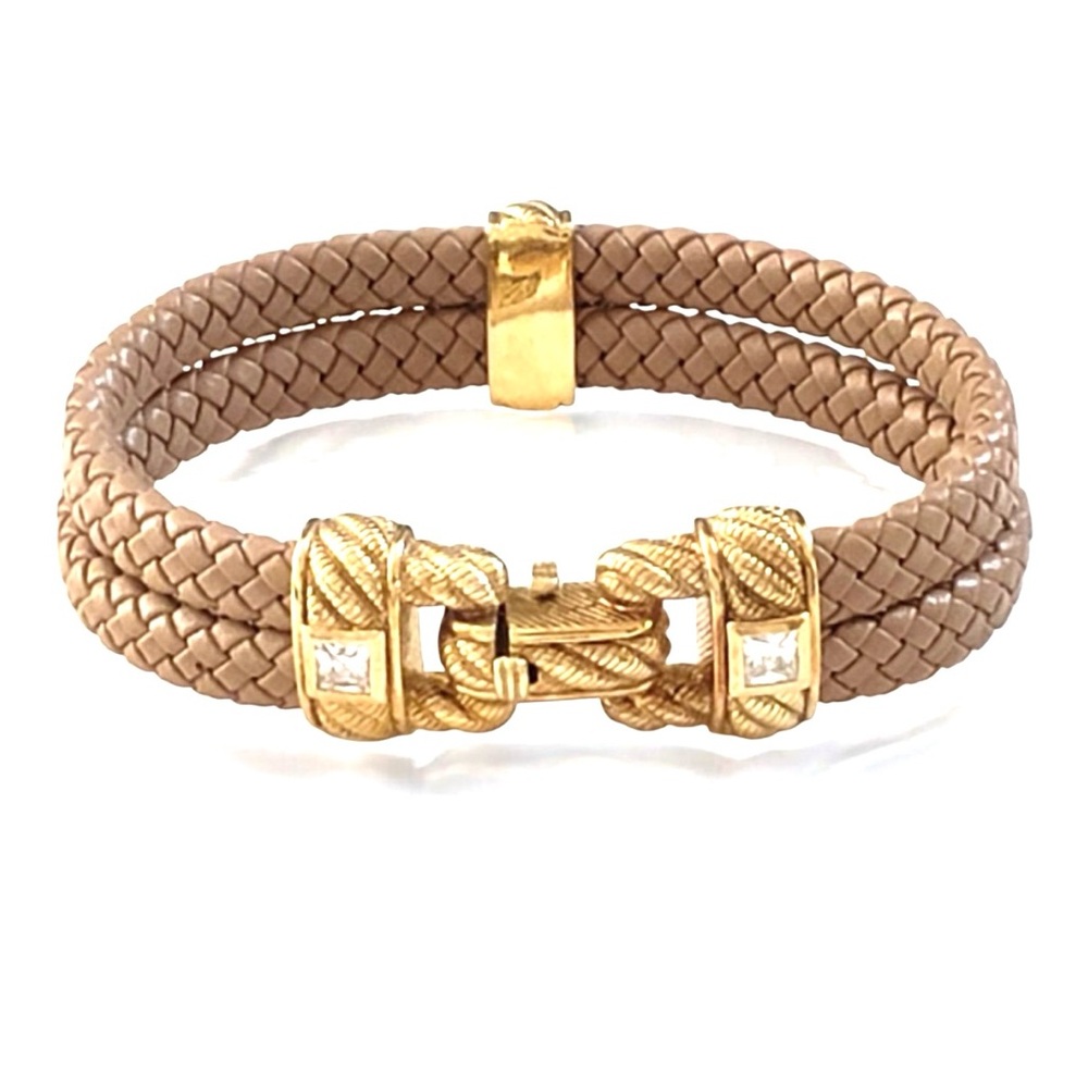 Judith Ripka Bracelet w/ Gold Accents and Tan Leather Double Braided Band CHIC ✨